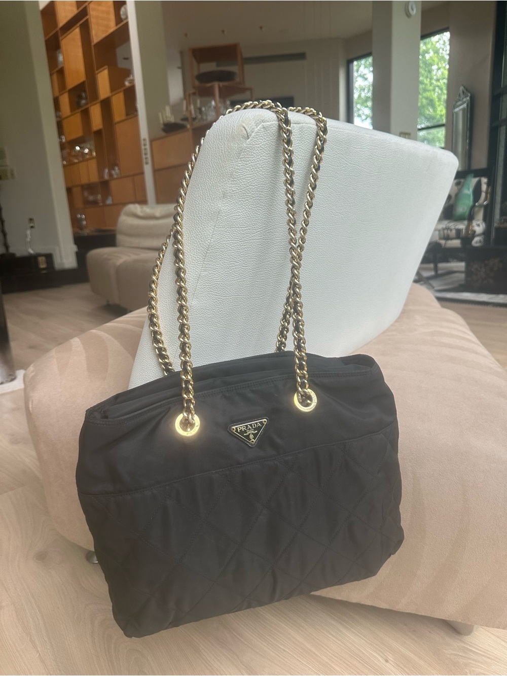 Prada Black Quilted Nylon Shoulder Bag with Gold Chain Handles